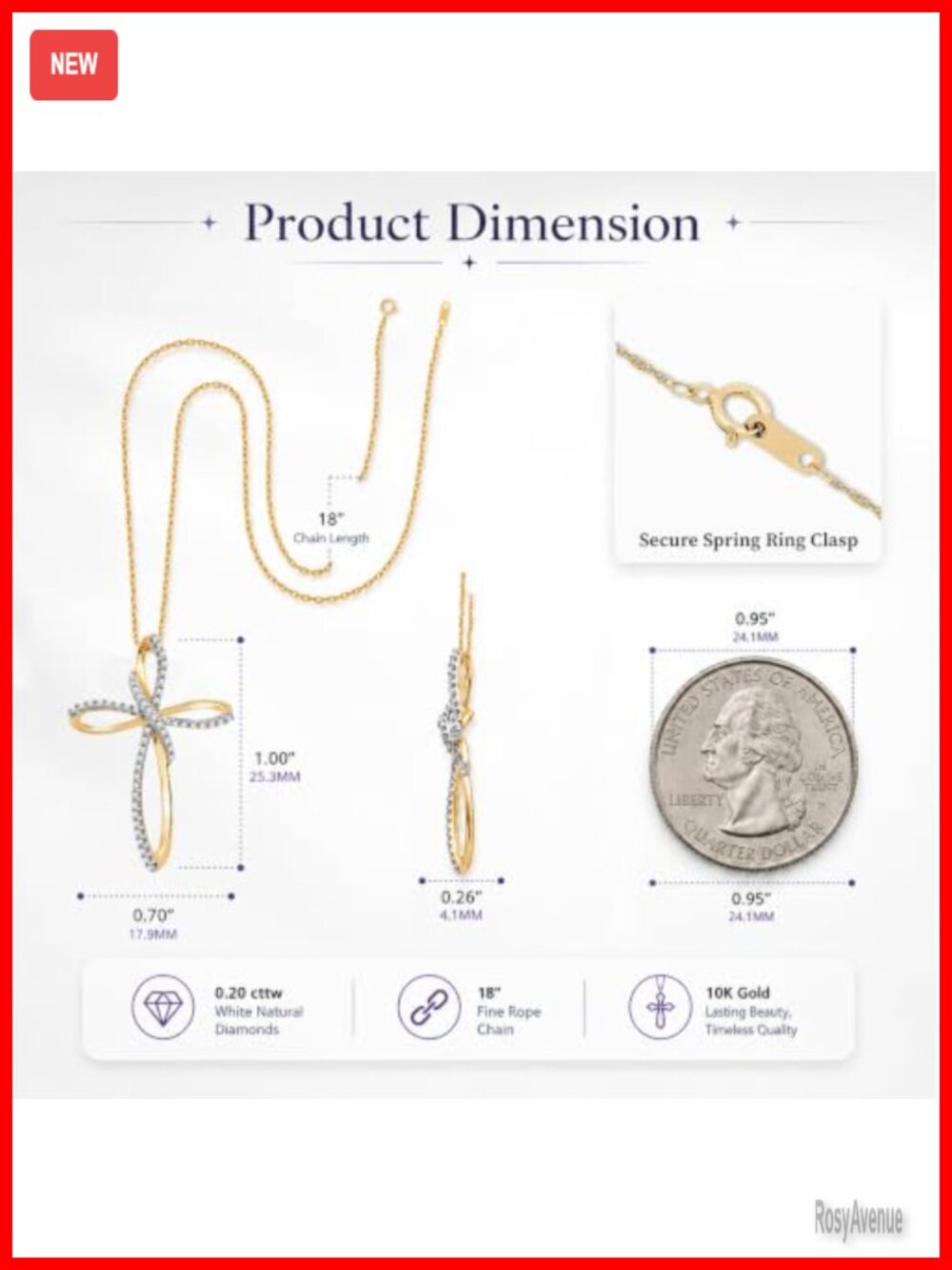 10K Yellow Gold Cross Necklace 18" Rope Chain Natural Diamond Pendant